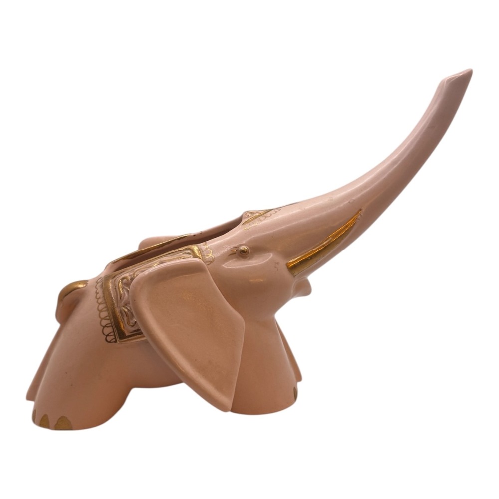 Vintage Pink Ceramic Elephant Figurine Gold Gilt Trunk Up Planter Whimsical